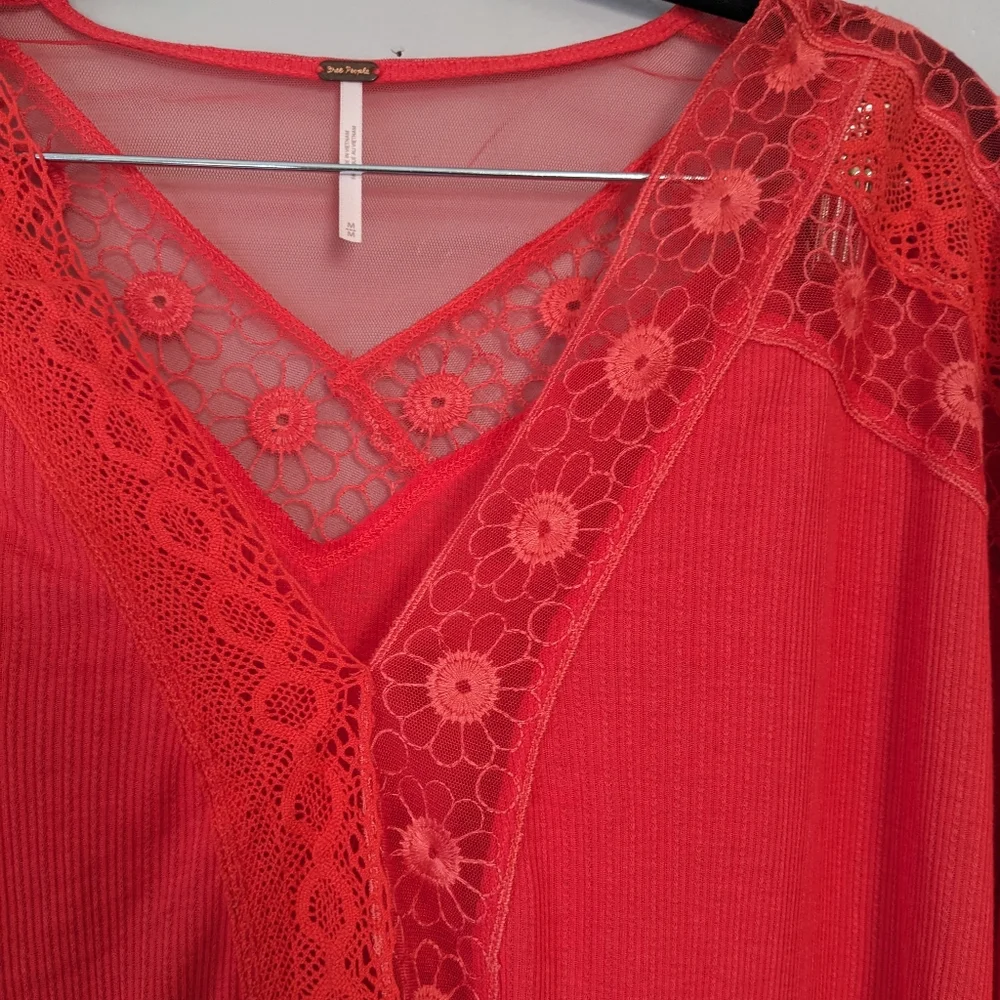 Free People Lola Lace Longsleeve Red Top Women's M